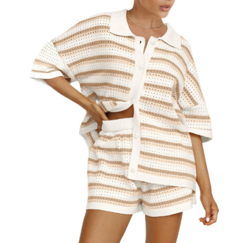 2025 Summer Women'S Hollow Striped Knitted 2 Pieces Set Short Sleeve