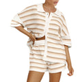 2025 Summer Women'S Hollow Striped Knitted 2 Pieces Set Short Sleeve