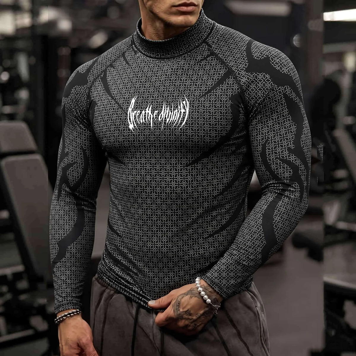 Men Mock Neck Fitness Long Sleeve Top Geometric Texture Jagged Gothic