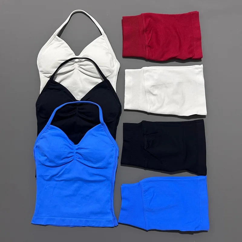 HISTELLO 2 Pieces Sports Set Women Yoga Longline Strap Top Scrunch