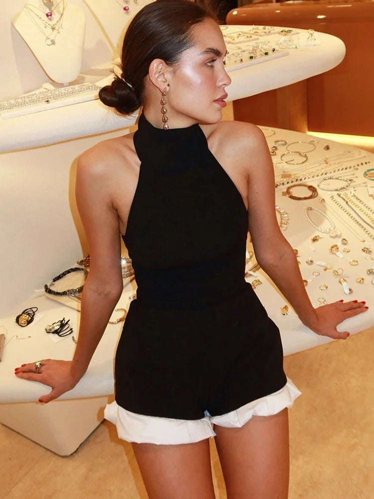 Tossy Ruffled Patchwork Sexy Rompers Female Patchwork Off-Shoulder