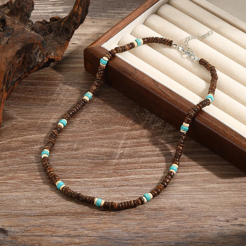 Noter Men Natural Coconut Beads Wooden Necklace 19 Inches Short Choker