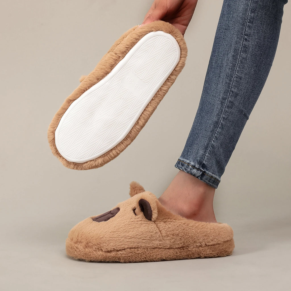 A Pair of Brown Plush Capybara Animal-Patterned Furry Home Slippers