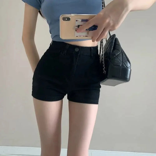 Sexy Black Studded Denim Shorts Women 2025 Y2K High Waist Hot Pants,