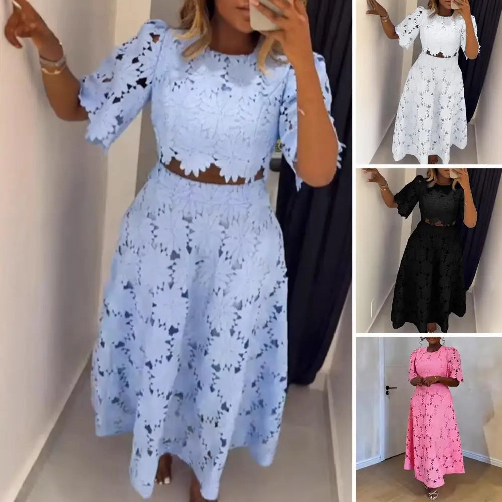 Elegant Hollow Out Women's Long Dresses Short Sleeves Embroidery Dress