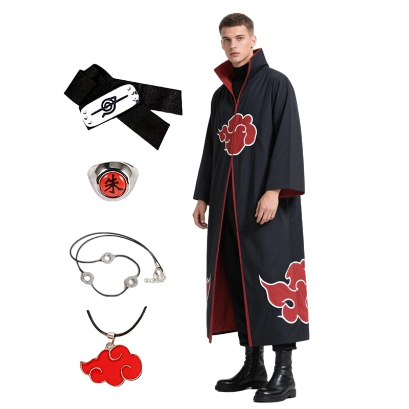 Anime Akatsuki Cosplay Costume Red Cloud Robe with Necklace Headband
