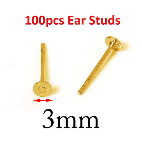 100pcs Gold Stainless Steel 3-8mm Flat Head Stud Earrings DIY Round