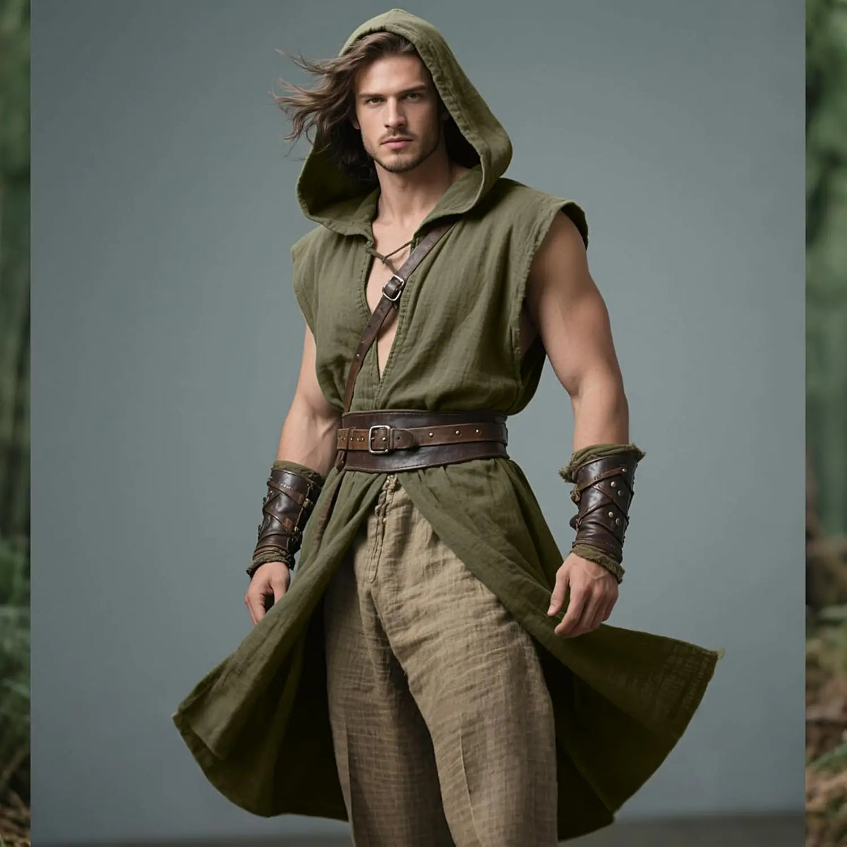 Men's Medieval Hooded Surcoat Renaissance Tabard Sleeveless Tunic