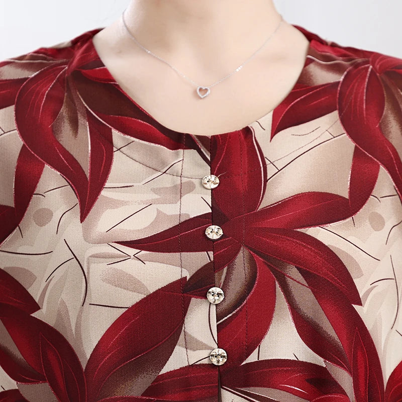Floral Printed Summer Tops for Mature Women Beige-Toned Linen-Cotton