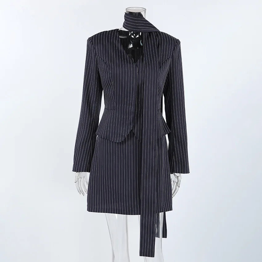 Women's Matching Sets 2026 Woman Navy Blue Striped V-neck Waist Small
