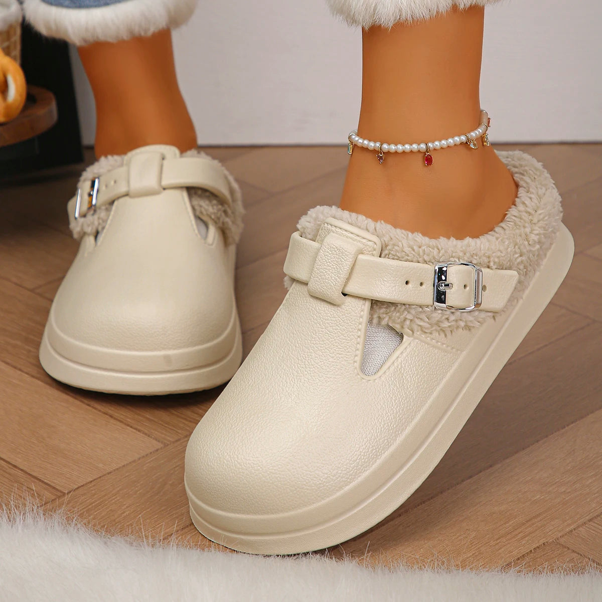 Waterproof Eva Furry Mules Slippers Women 2025 Winter Metal Buckle