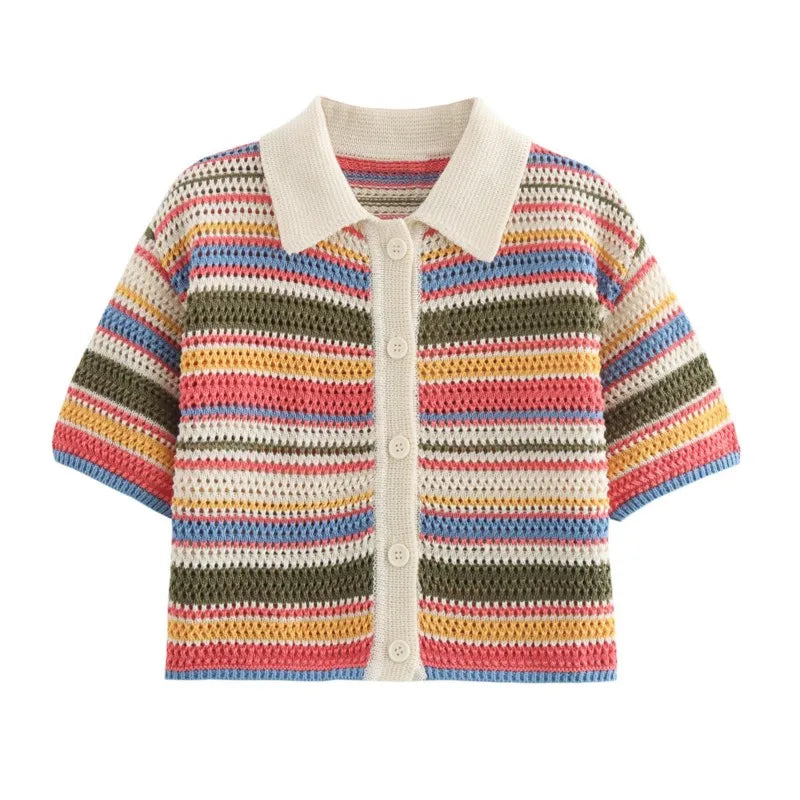 Women Patchwork Striped Hollow Out Crochet Knitted Crop Sweater Shorts