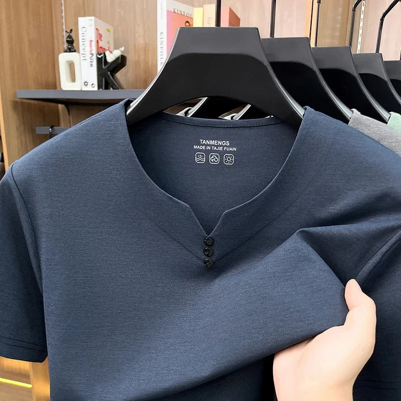 Mens Henley Neck T Shirts Short Sleeve Casual Soft Breathable