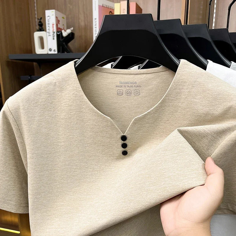Mens Henley Neck T Shirts Short Sleeve Casual Soft Breathable