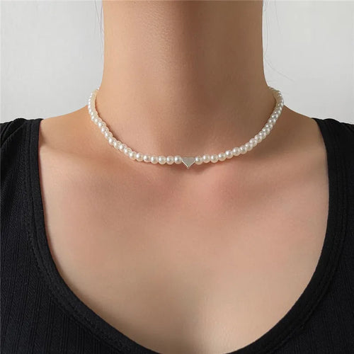 Trendy Love Heart Pearl Choker Necklace Female Personality Party