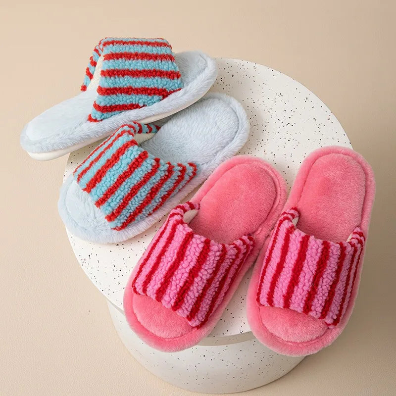 Autumn and Winter New Striped Contrast Open Women's Cotton Slippers