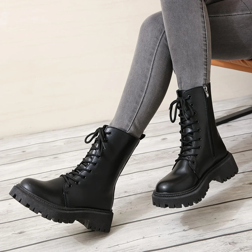 Women's Solid Color Combat Boots Fashion Lace Up Side Zipper Boots