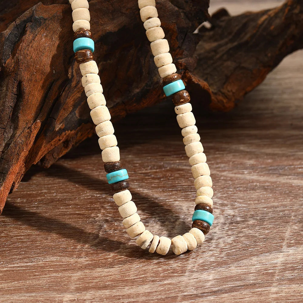 Noter Men Natural Coconut Beads Wooden Necklace 19 Inches Short Choker