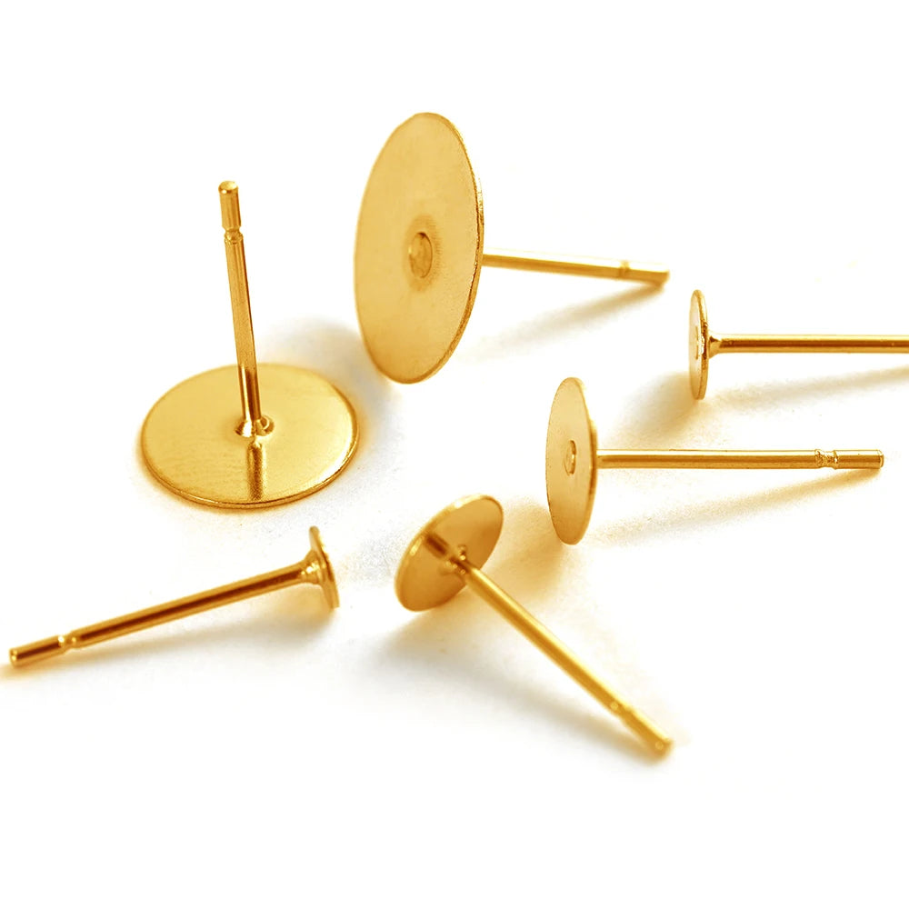 100pcs Gold Stainless Steel 3-8mm Flat Head Stud Earrings DIY Round