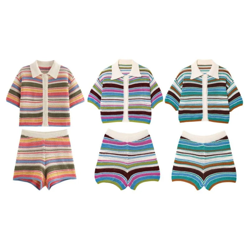 Women Patchwork Striped Hollow Out Crochet Knitted Crop Sweater Shorts