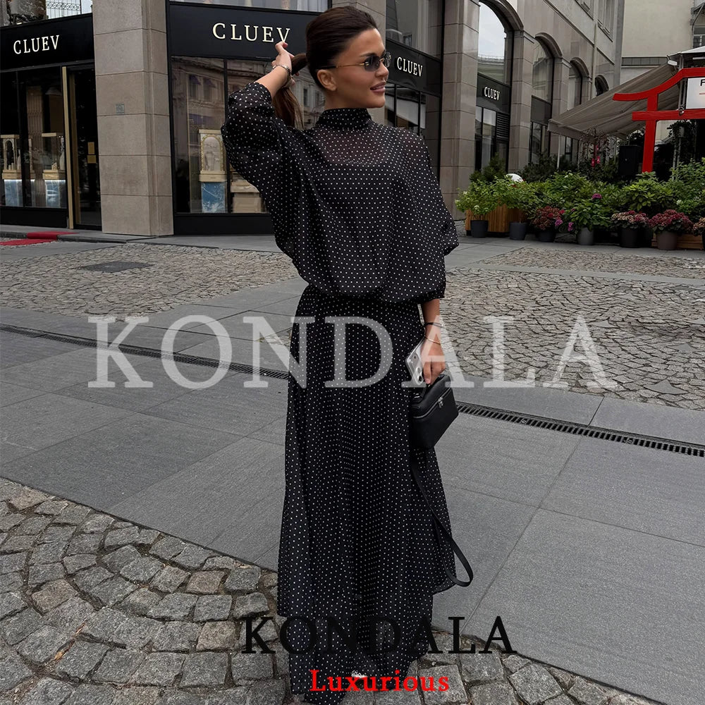 KONDALA Vintage Polka Dot Women Sets Chiffon Bow Tie Loose Blouses
