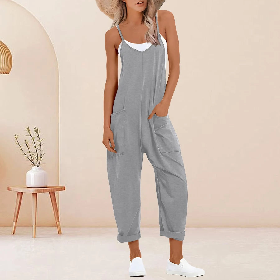 Plus Size Solid Sleeveless V Neck Jumpsuit with Slip Pockets, Casual