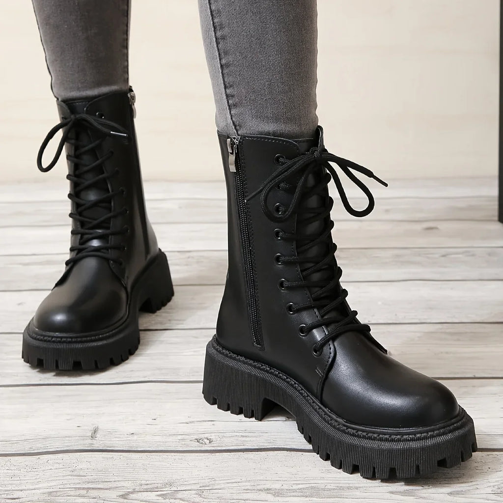 Women's Solid Color Combat Boots Fashion Lace Up Side Zipper Boots