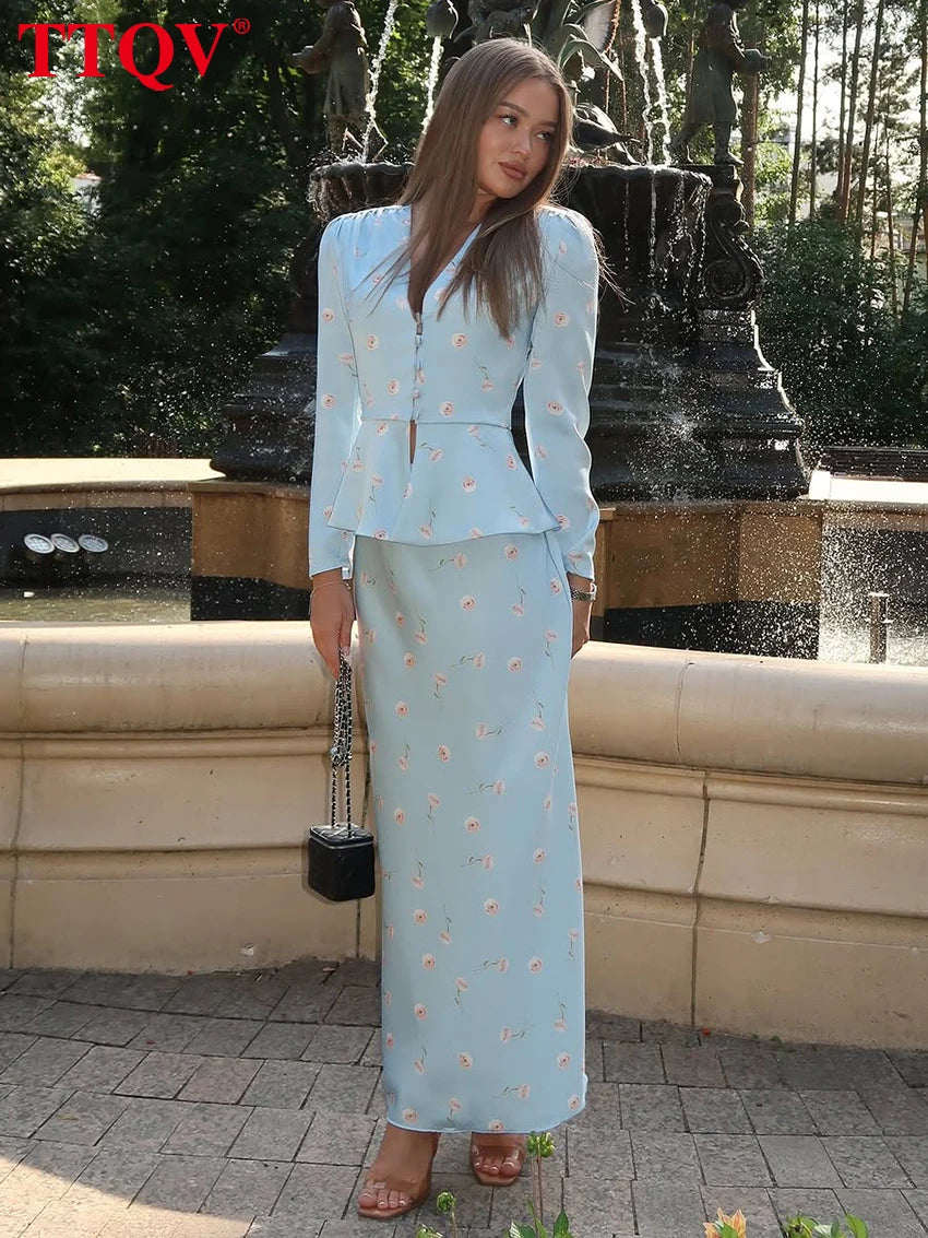 TTQV Fashion Slim Print Women's Two Pieces Set 2026 Elegant Long