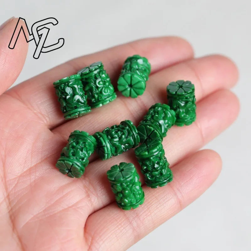 3pc Natural A Green Jade Dry Cyan Carving Beads DIY Bracelet Bangle