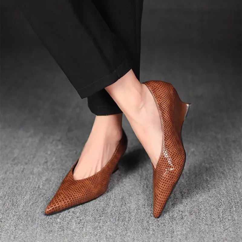 Large Size Soft Leather Shallow Mouth Pointed Thick Heel Shoes Women