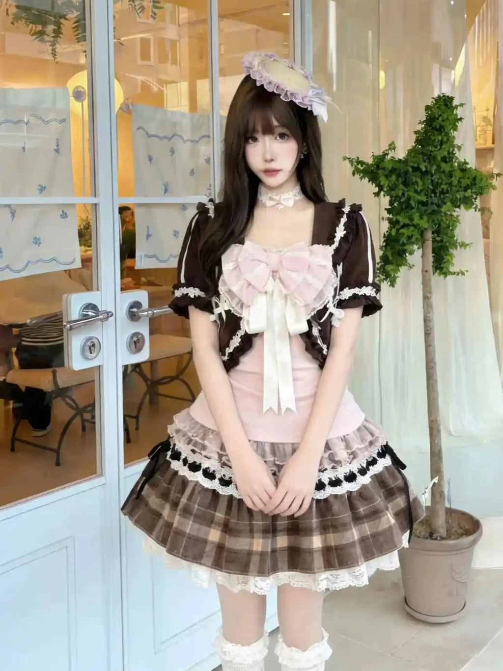 Japanese Kwaii Skirt Suit Women Casual Bow Top + Brown Lace Cardigan +