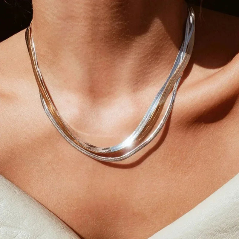 4mm Women Herringbone Necklace, 925 Silver Collarbone Chain Choker