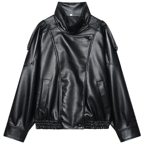 HXAO New Arrival Women's Bomber Jacket Leather Black Jackets Cropped