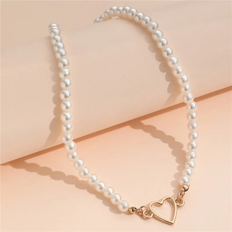 Trendy Love Heart Pearl Choker Necklace Female Personality Party