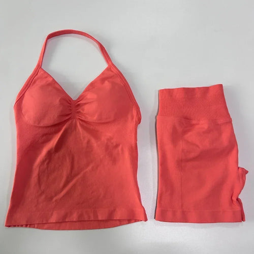 2 Pieces Sports Set Women Backless Tank Tops High Waist Scrunch
