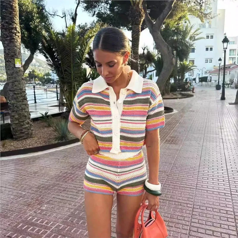 Women Patchwork Striped Hollow Out Crochet Knitted Crop Sweater Shorts