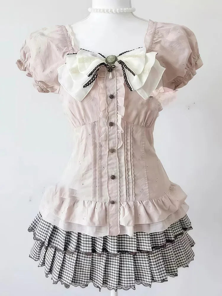 Japanese Kwaii Skirt Suit Women Casual Bow Top + Brown Lace Cardigan +