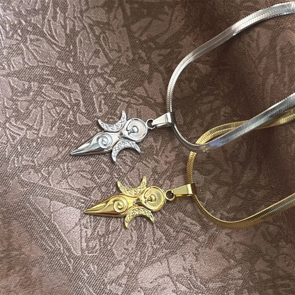 Witch Triple Moon Goddess Hecate Necklace for Women Men Stainless