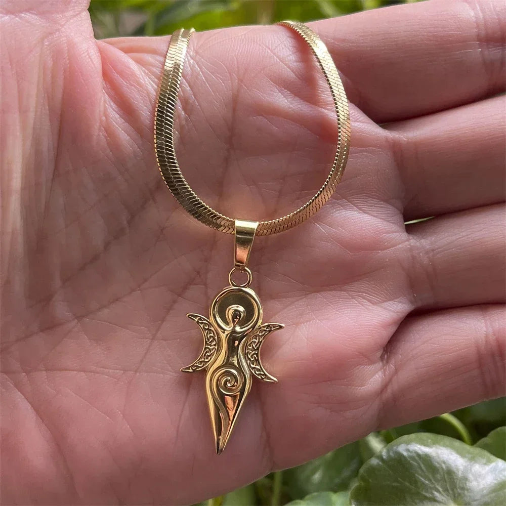Witch Triple Moon Goddess Hecate Necklace for Women Men Stainless