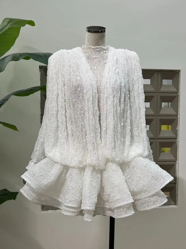 Chic Sheer Three Pieces Mini Dresses For Women Sexy O Neck Long Sleeve