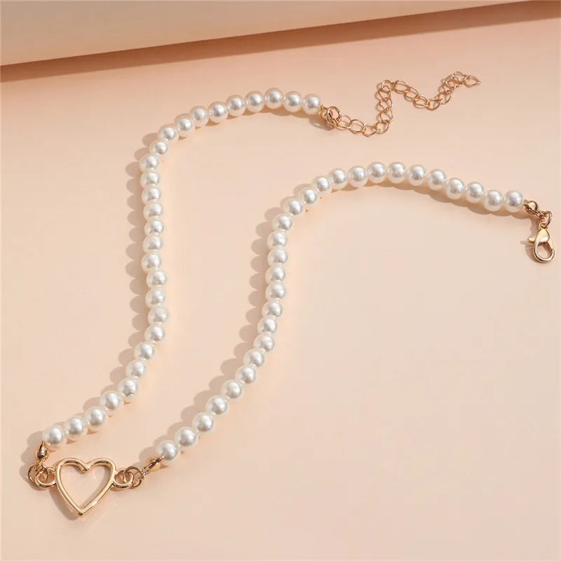 Trendy Love Heart Pearl Choker Necklace Female Personality Party