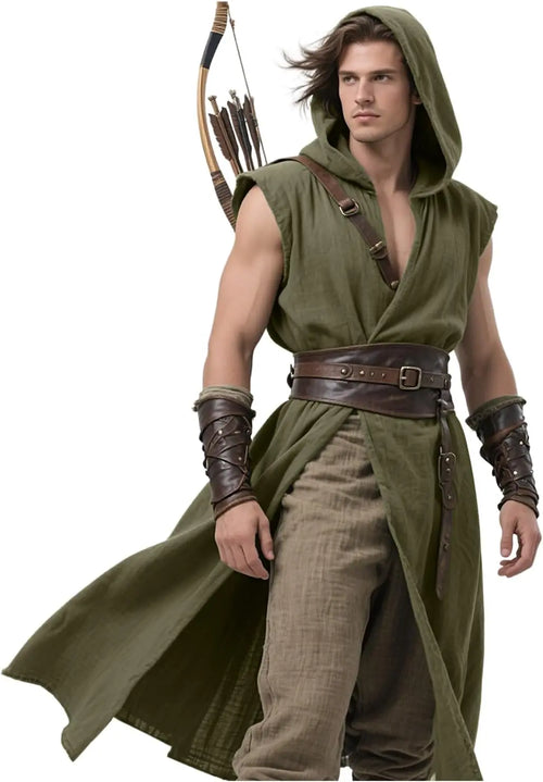 Men's Medieval Hooded Surcoat Renaissance Tabard Sleeveless Tunic