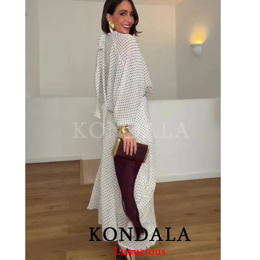 KONDALA Vintage Polka Dot Women Sets Chiffon Bow Tie Loose Blouses
