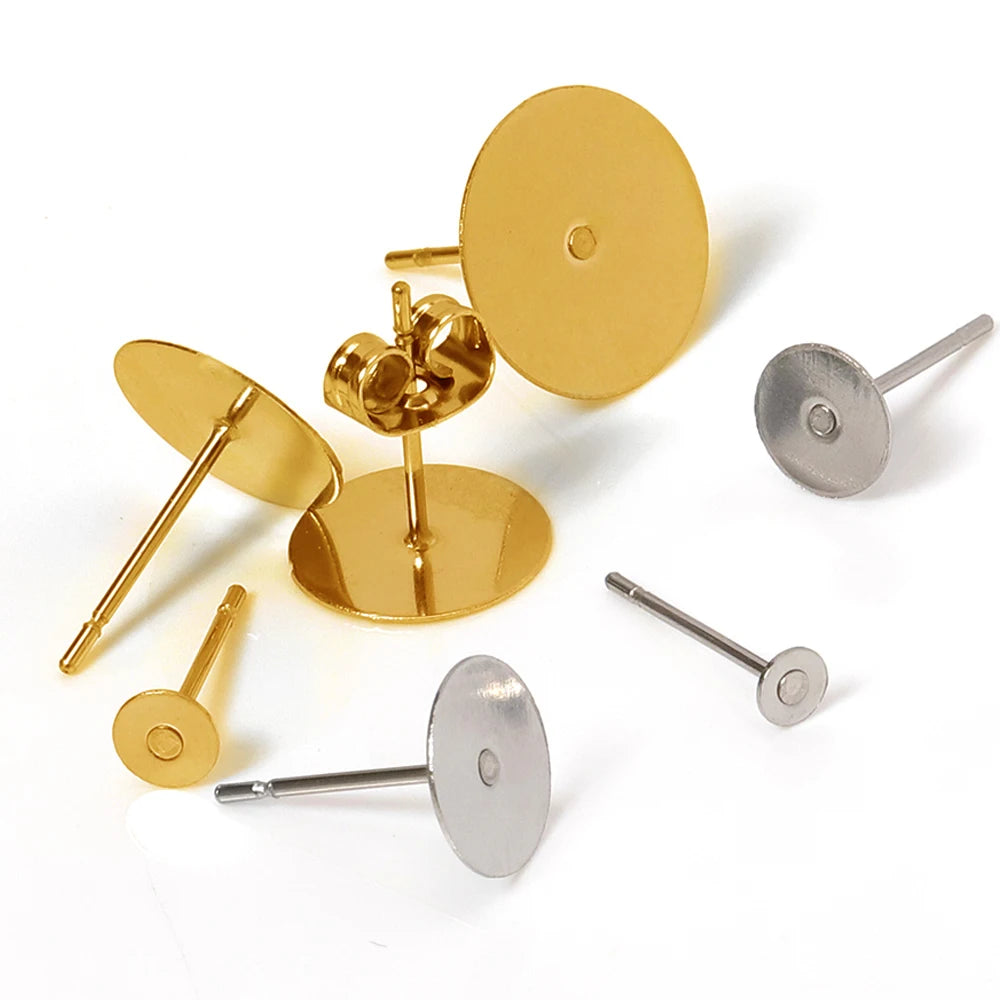 100pcs Gold Stainless Steel 3-8mm Flat Head Stud Earrings DIY Round