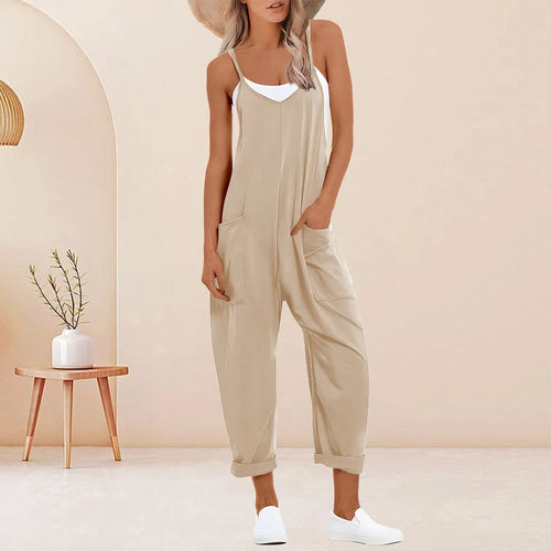 Plus Size Solid Sleeveless V Neck Jumpsuit with Slip Pockets, Casual
