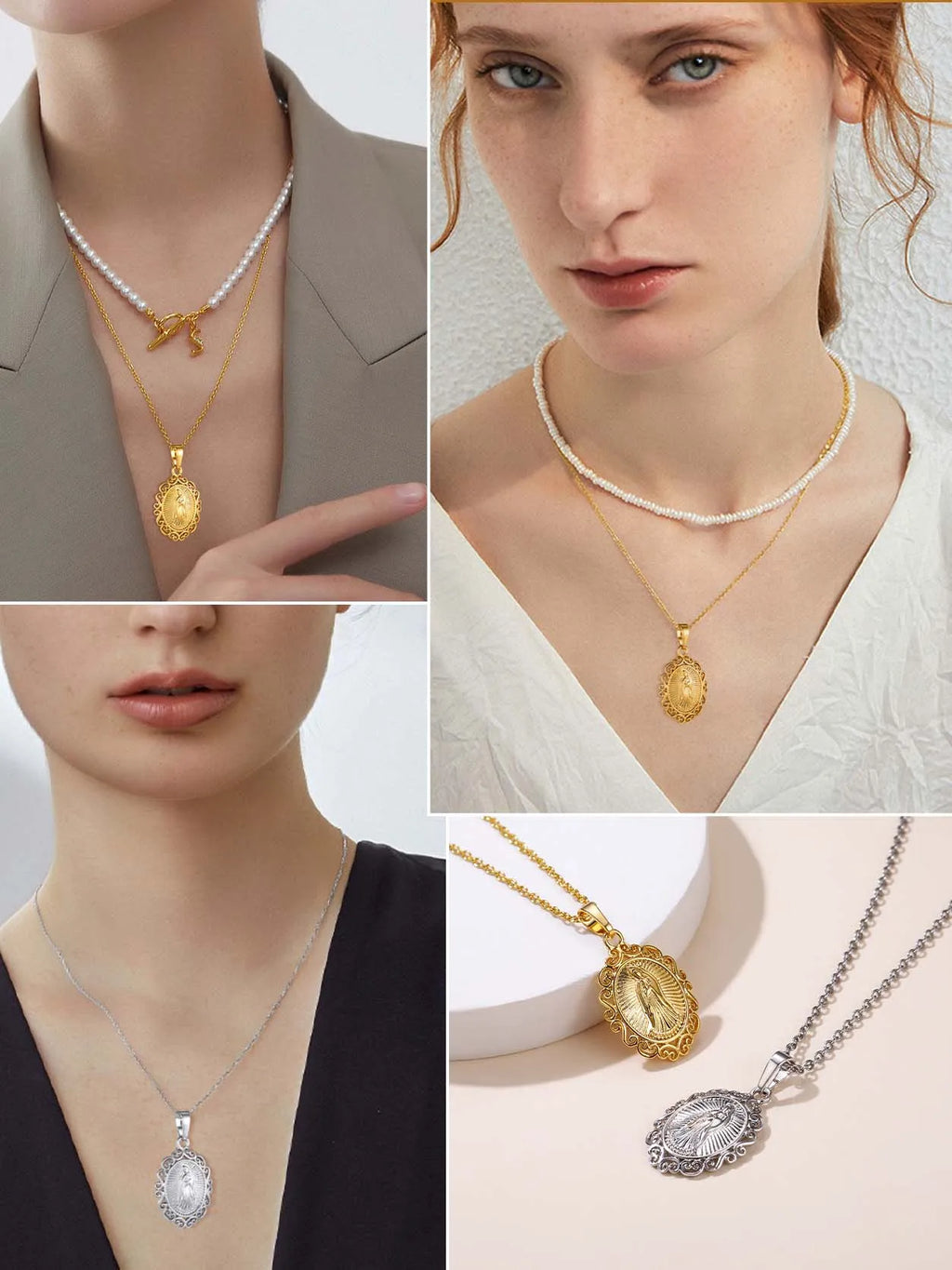 U7 Holy Virgin Mary Pendant Necklaces for Woman Man Round Shell