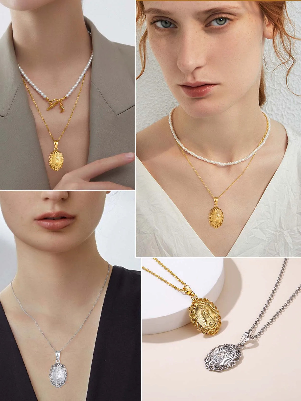U7 Holy Virgin Mary Pendant Necklaces for Woman Man Round Shell