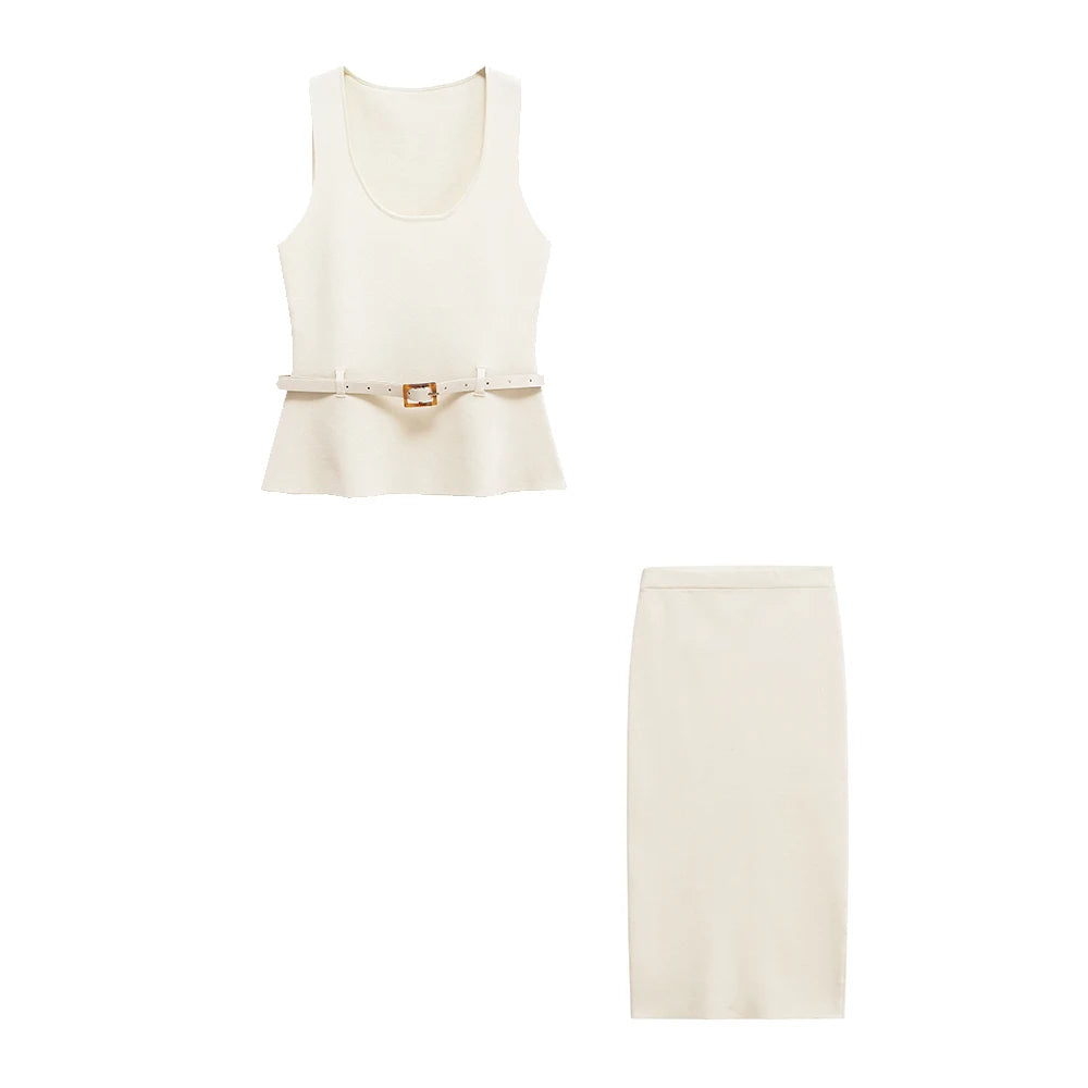 Women's Casual Summer Outfit Elegant Two-Piece Set Knit Tanks Midi