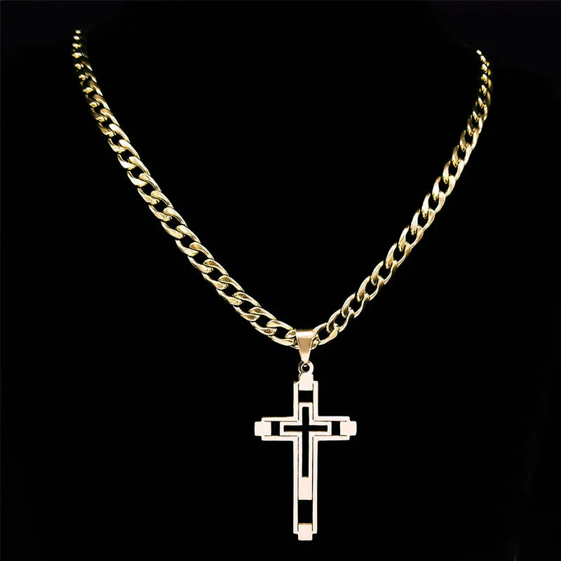Hip Hop Cross Stainless Steel Chain Necklaces Gold Color Long Pendant