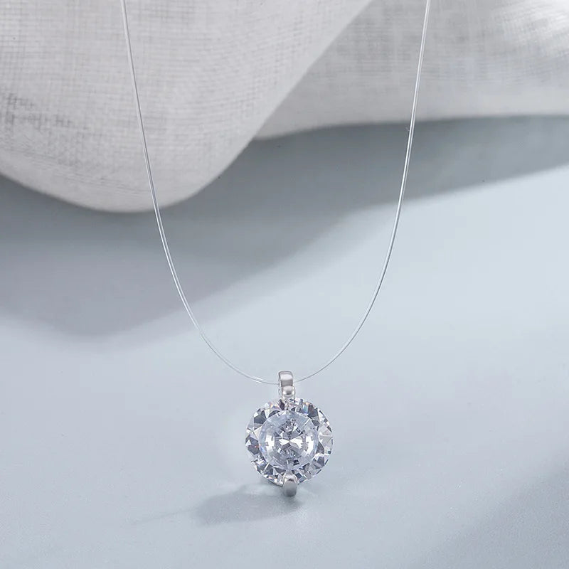 925 Silver Invisible Chain Pendant Necklace Rhinestone Choker de Prata